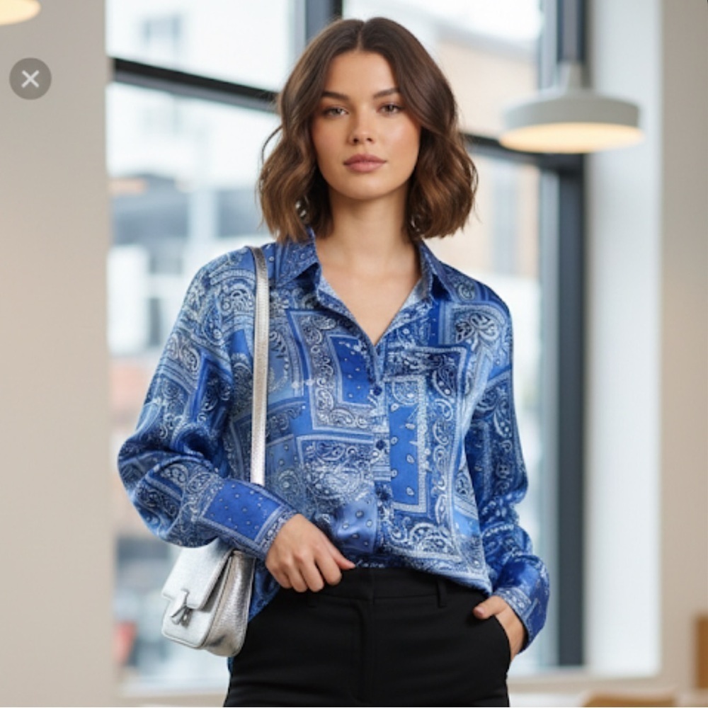 Rachel Zoe Blue Paisley Button-Front Blouse – Size Small (New No Tags)